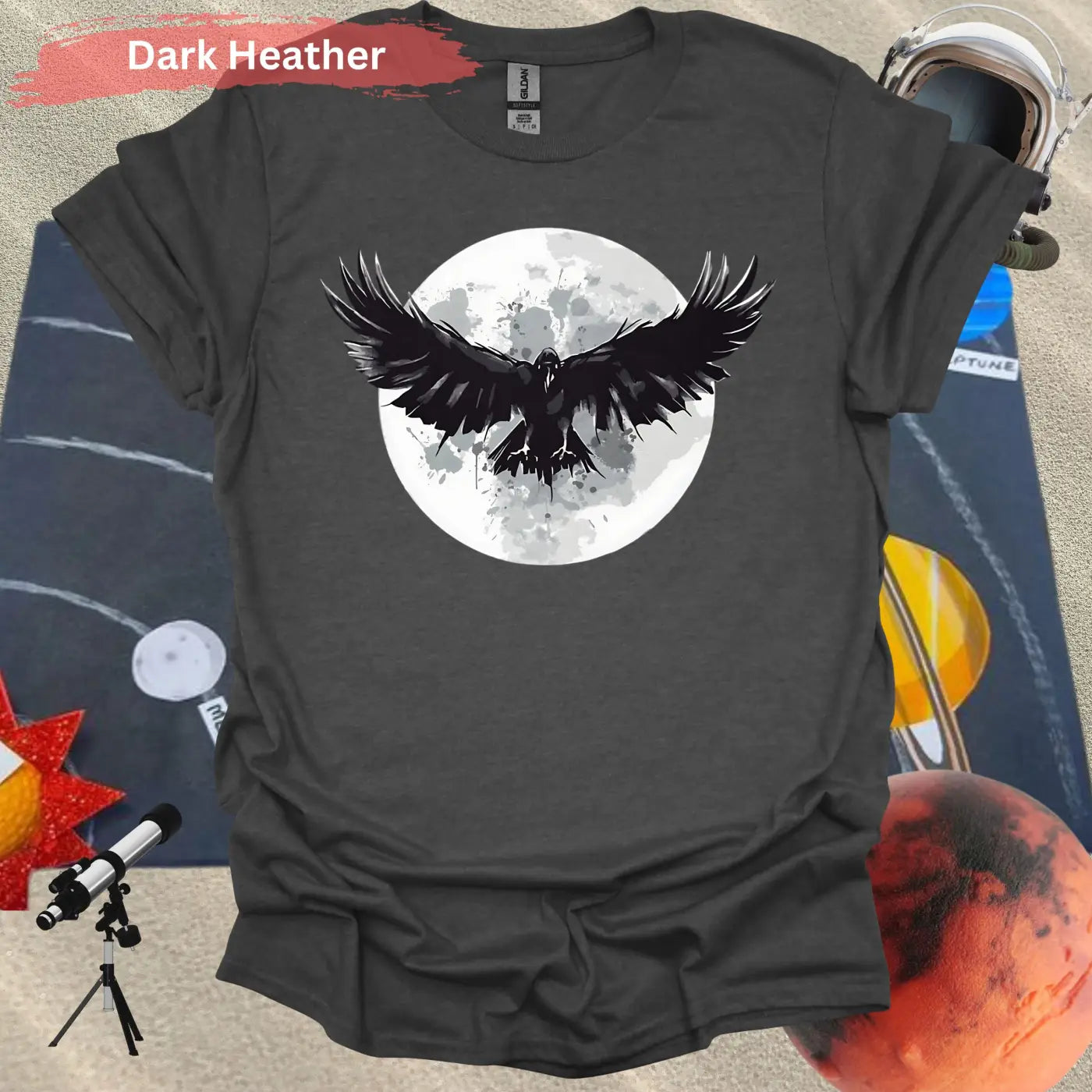 Mystical Raven Moon: Enchanting Bird in Flight T-Shirt - S / Dark Heather - Physical Item