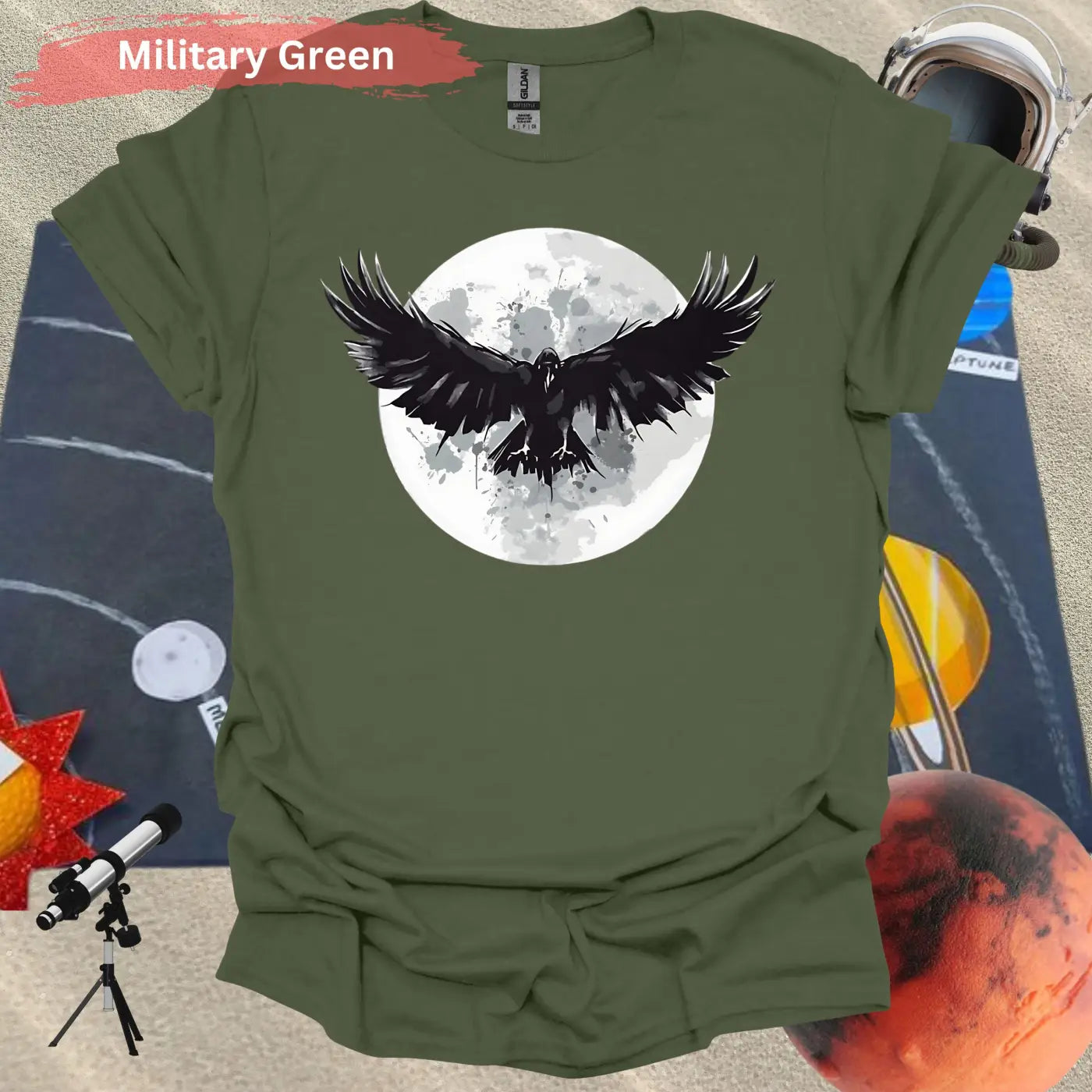 Mystical Raven Moon: Enchanting Bird in Flight T-Shirt - S / Military Green - Physical Item