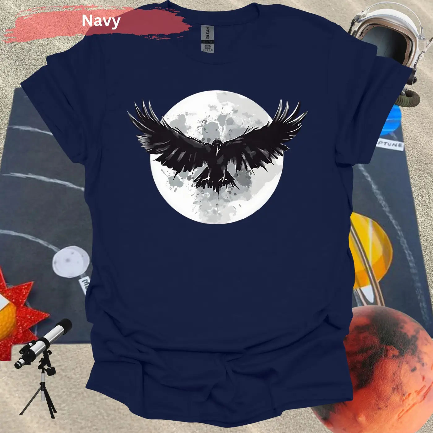 Mystical Raven Moon: Enchanting Bird in Flight T-Shirt - S / Navy - Physical Item