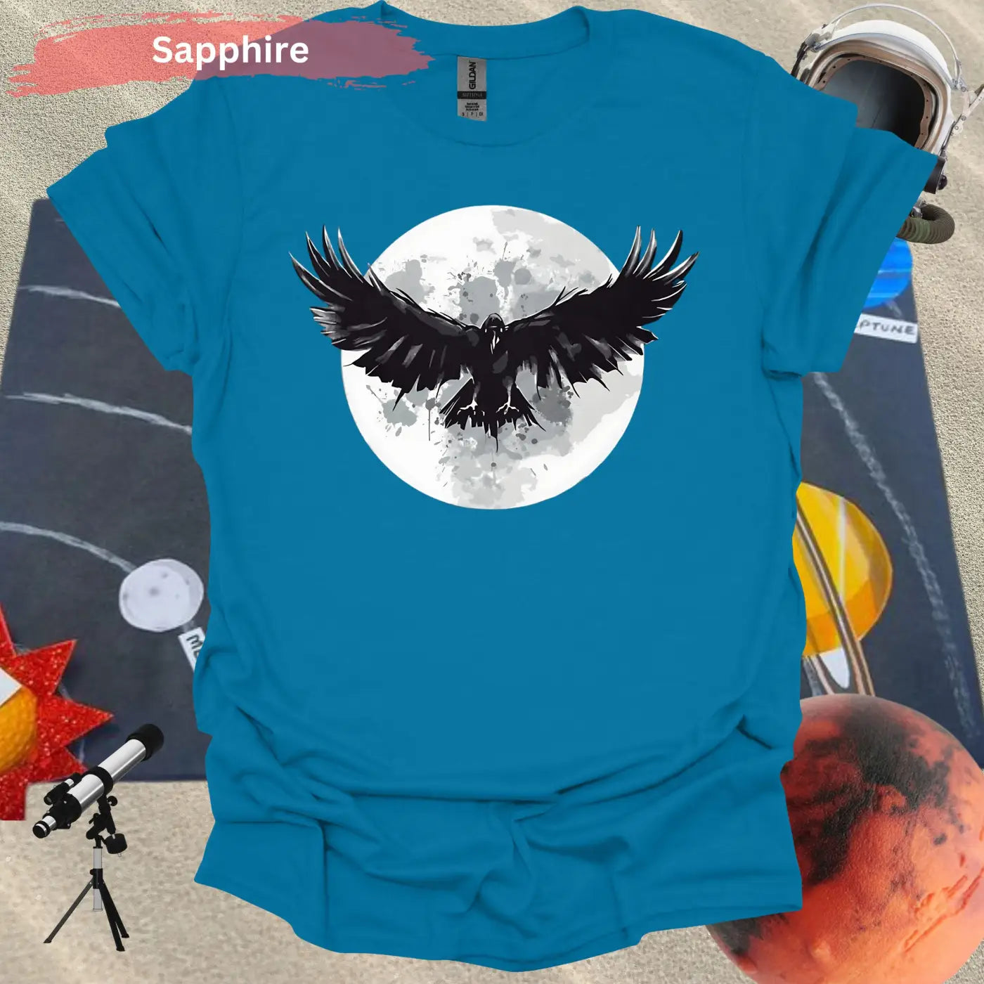 Mystical Raven Moon: Enchanting Bird in Flight T-Shirt - S / Sapphire - Physical Item