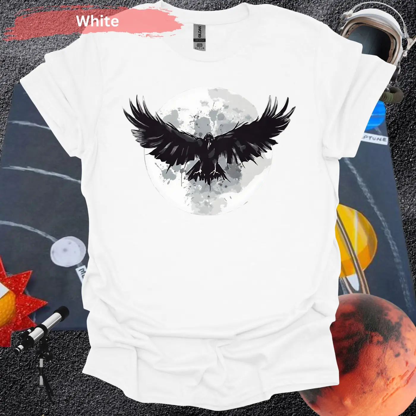 Mystical Raven Moon: Enchanting Bird in Flight T-Shirt - S / White - Physical Item