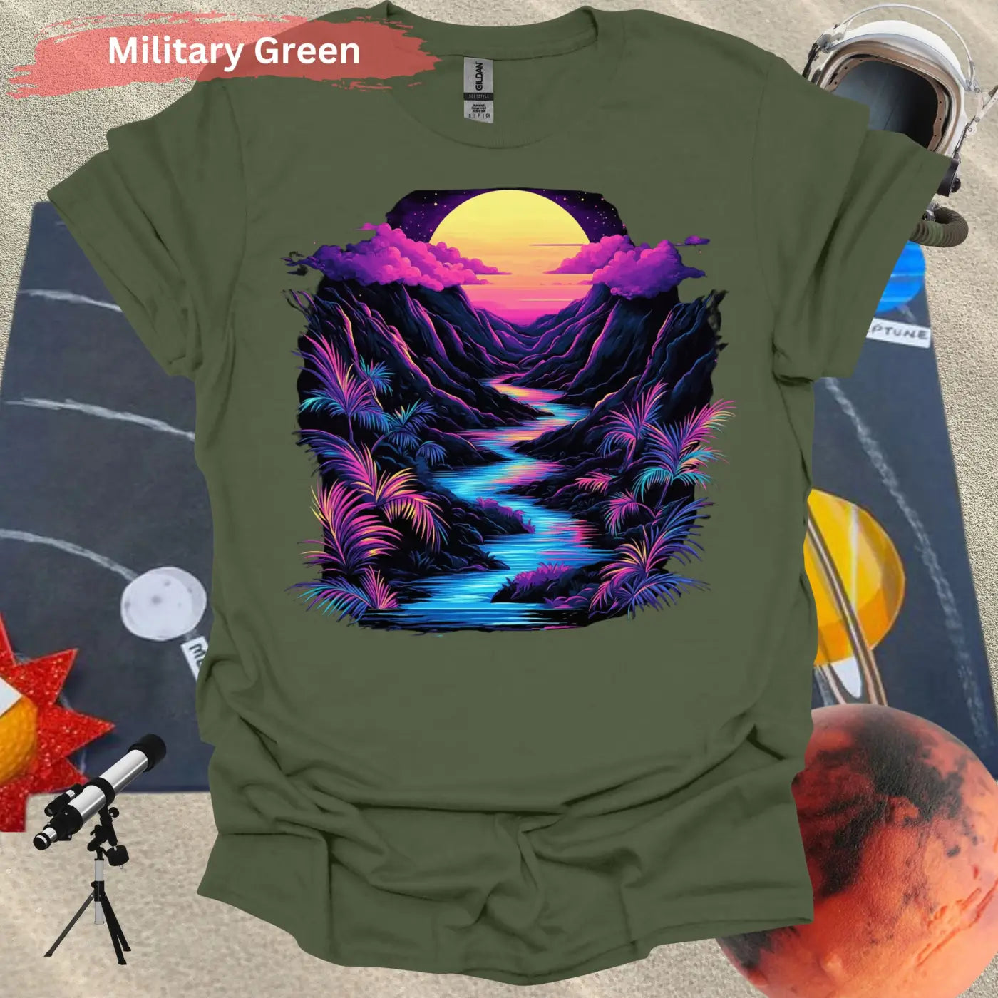 Neon Paradise River of Light T-shirt - S / Military Green - Physical Item