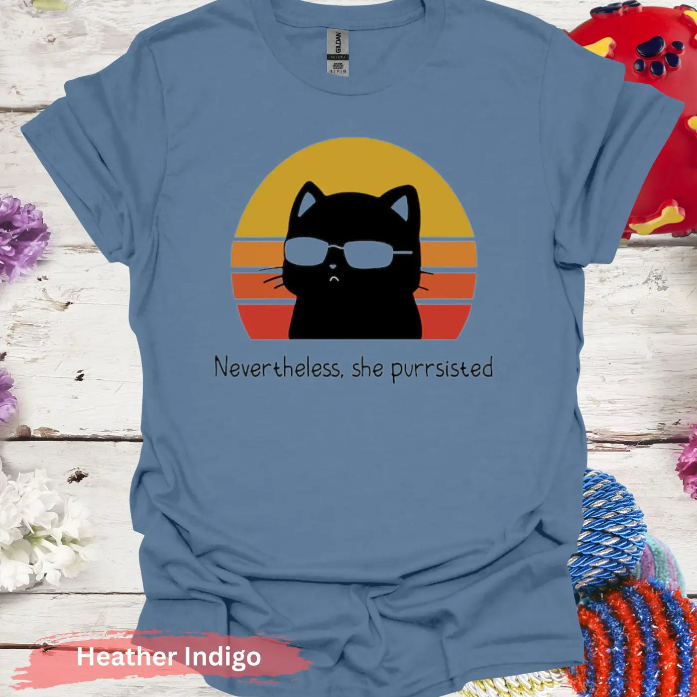 Nevertheless She Purrsisted T-shirt - S / Heather Indigo - Physical Item