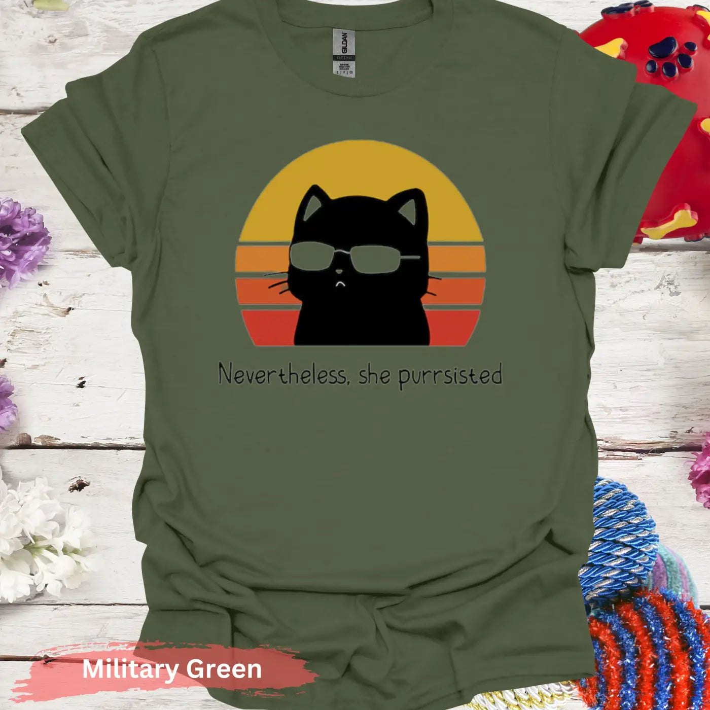 Nevertheless She Purrsisted T-shirt - S / Military Green - Physical Item