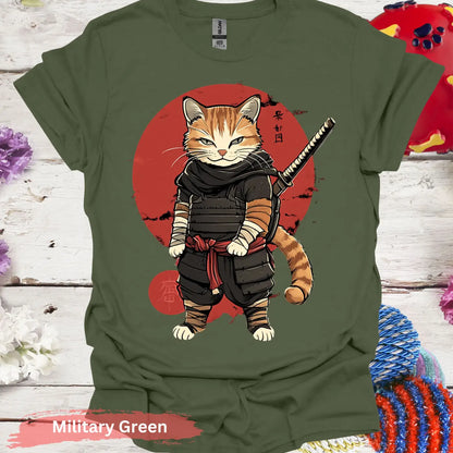 Ninja Cat Warrior T-shirt - S / Military Green - Physical Item