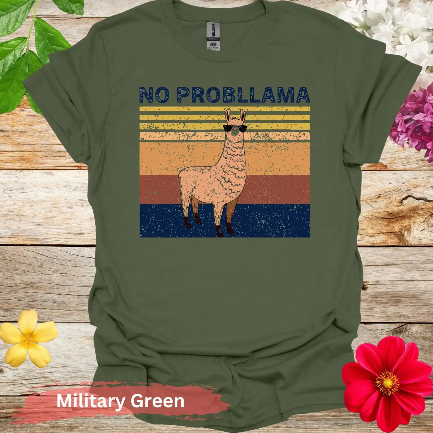 No Probllama Llama Graphic T-Shirt - S / Military Green - Physical Item