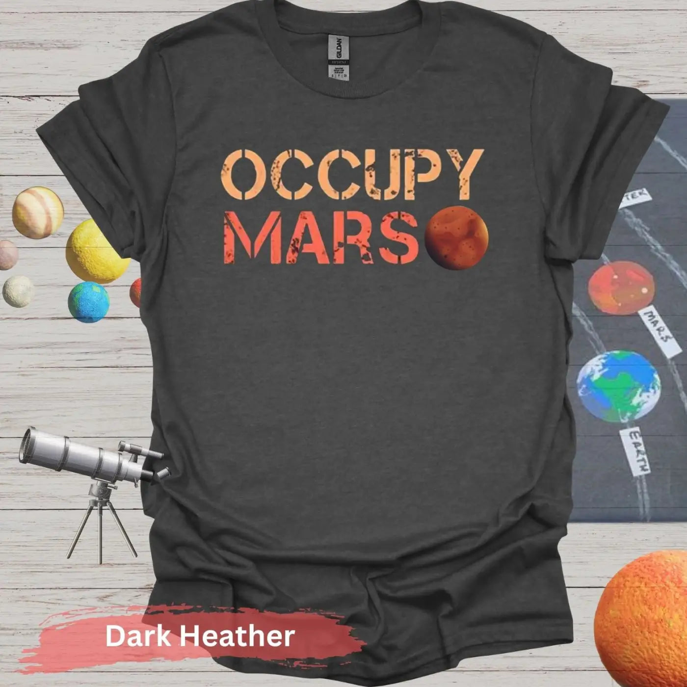 Occupy Mars: Bold Red Planet T-Shirt - S - Unisex / Dark Heather - Physical Item