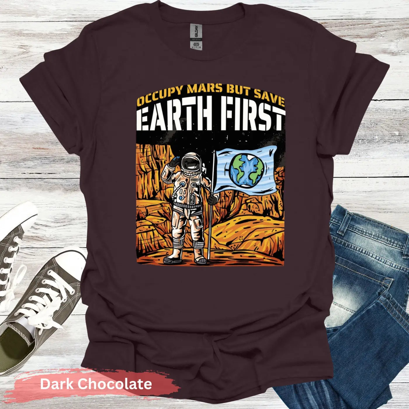Occupy Mars But Save Earth First T-shirt - S - Unisex / Dark Chocolate - Physical Item