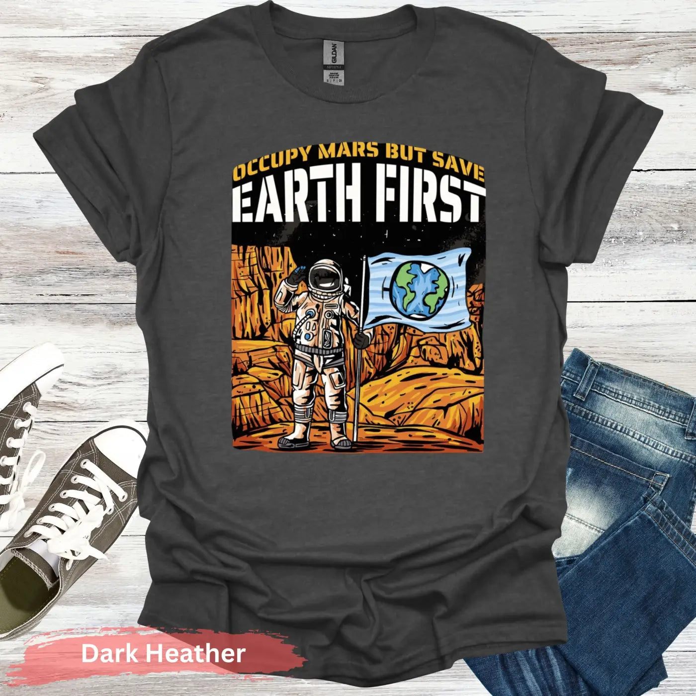 Occupy Mars But Save Earth First T-shirt - S - Unisex / Dark Heather - Physical Item