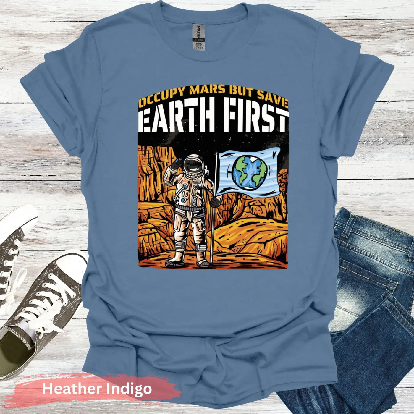 Occupy Mars But Save Earth First T-shirt - S - Unisex / Heather Indigo - Physical Item