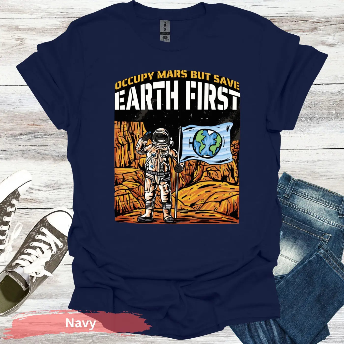 Occupy Mars But Save Earth First T-shirt - S - Unisex / Navy - Physical Item