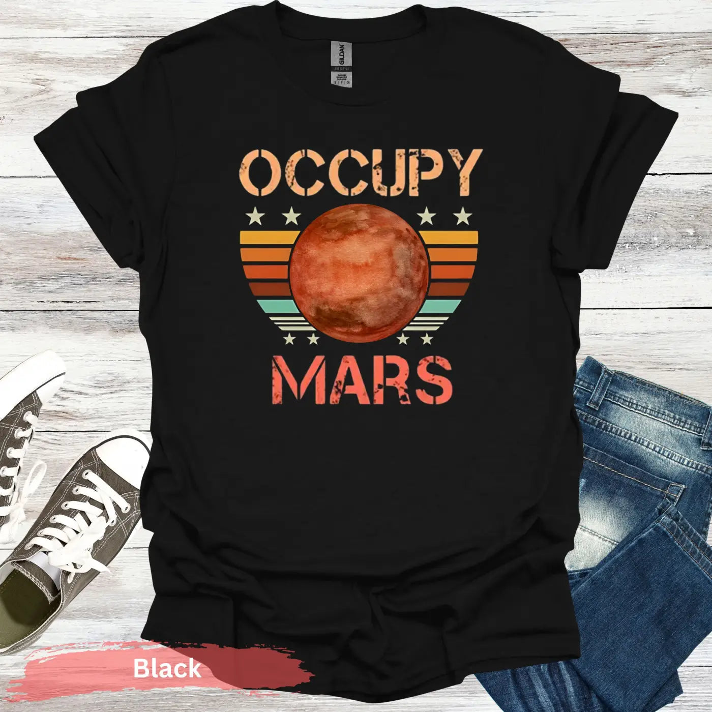 Occupy Mars in Retro Sunset T-shirt - S - Unisex / Black - Physical Item
