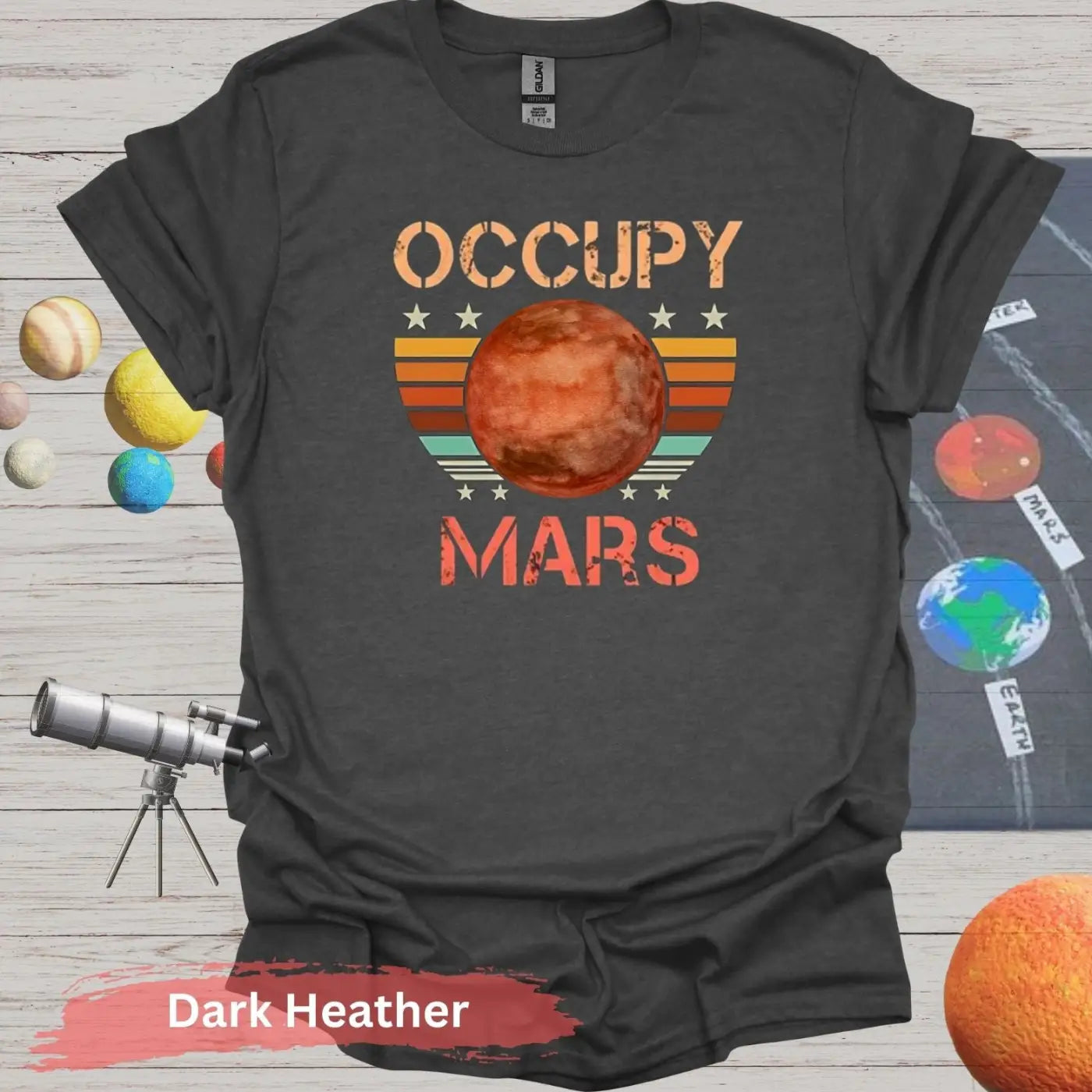 Occupy Mars in Retro Sunset T-shirt - S - Unisex / Dark Heather - Physical Item