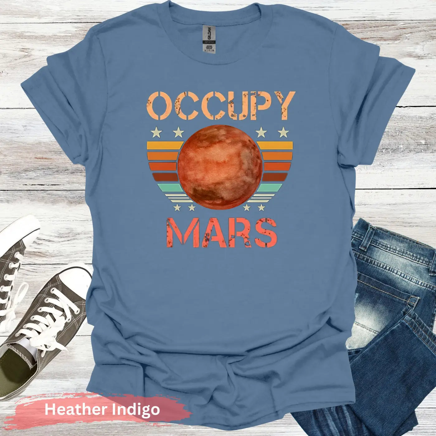 Occupy Mars in Retro Sunset T-shirt - S - Unisex / Heather Indigo - Physical Item