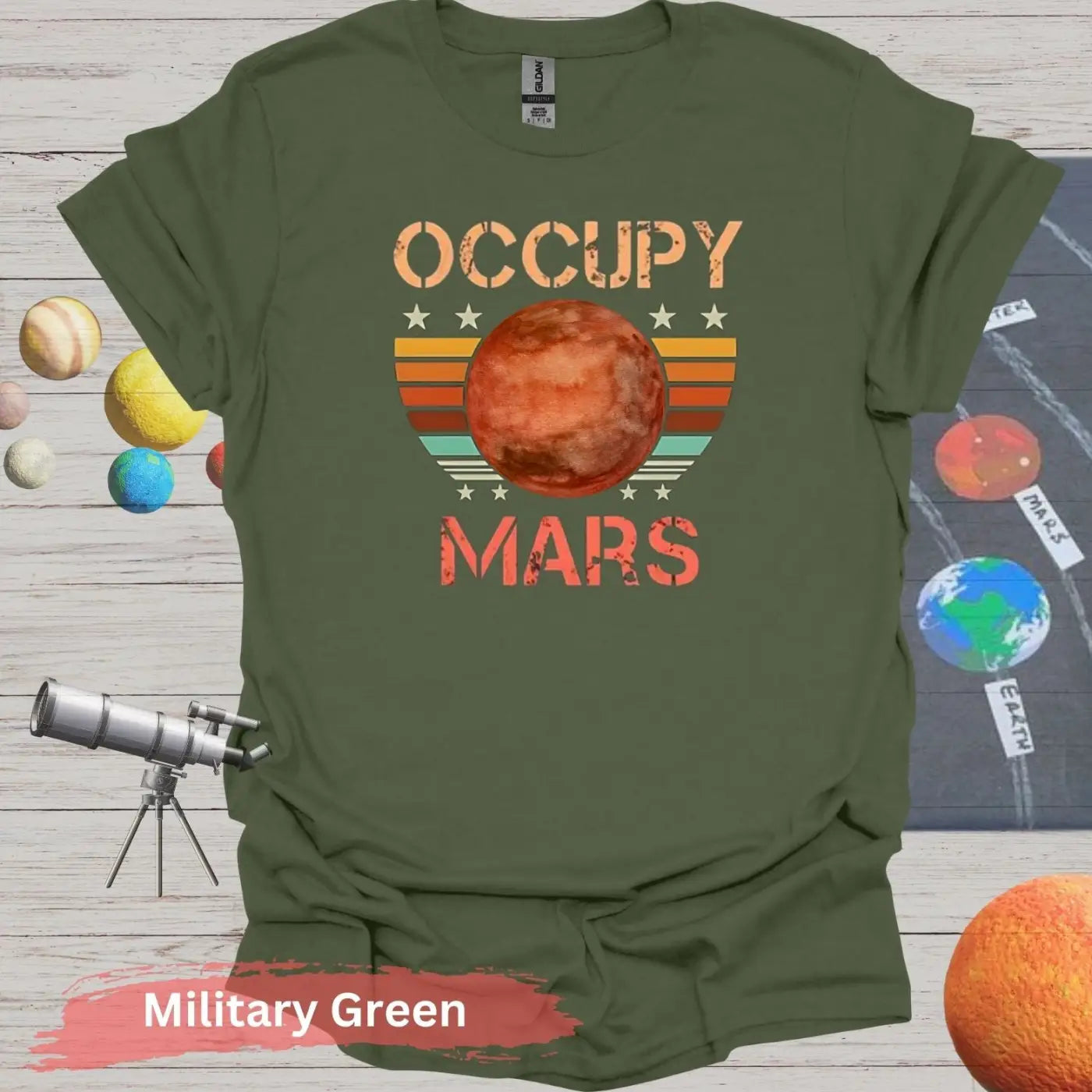 Occupy Mars in Retro Sunset T-shirt - S - Unisex / Military Green - Physical Item