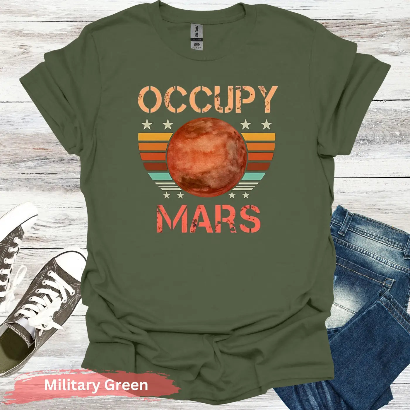 Occupy Mars in Retro Sunset T-shirt - S - Unisex / Military Green - Physical Item