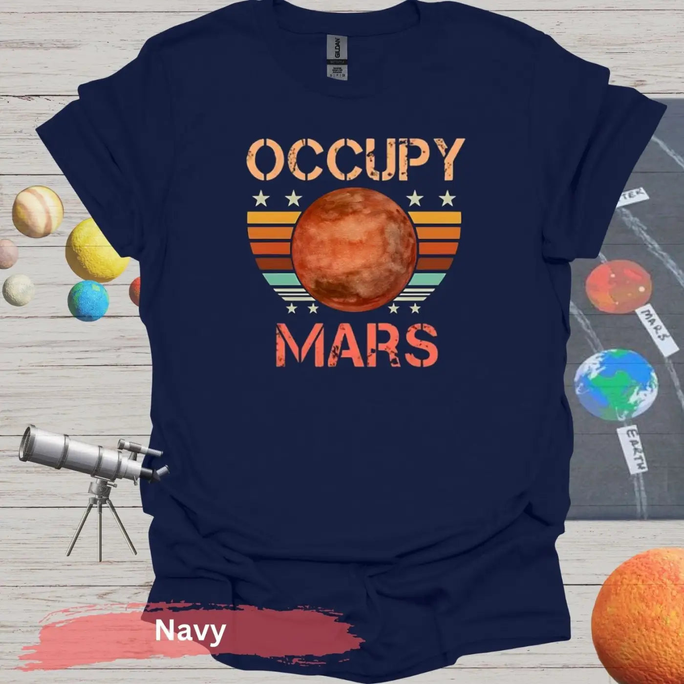 Occupy Mars in Retro Sunset T-shirt - S - Unisex / Navy - Physical Item