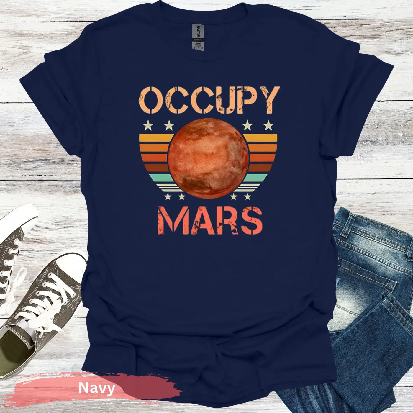 Occupy Mars in Retro Sunset T-shirt - S - Unisex / Navy - Physical Item