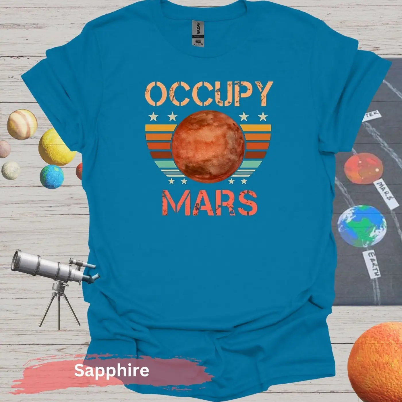 Occupy Mars in Retro Sunset T-shirt - S - Unisex / Sapphire - Physical Item