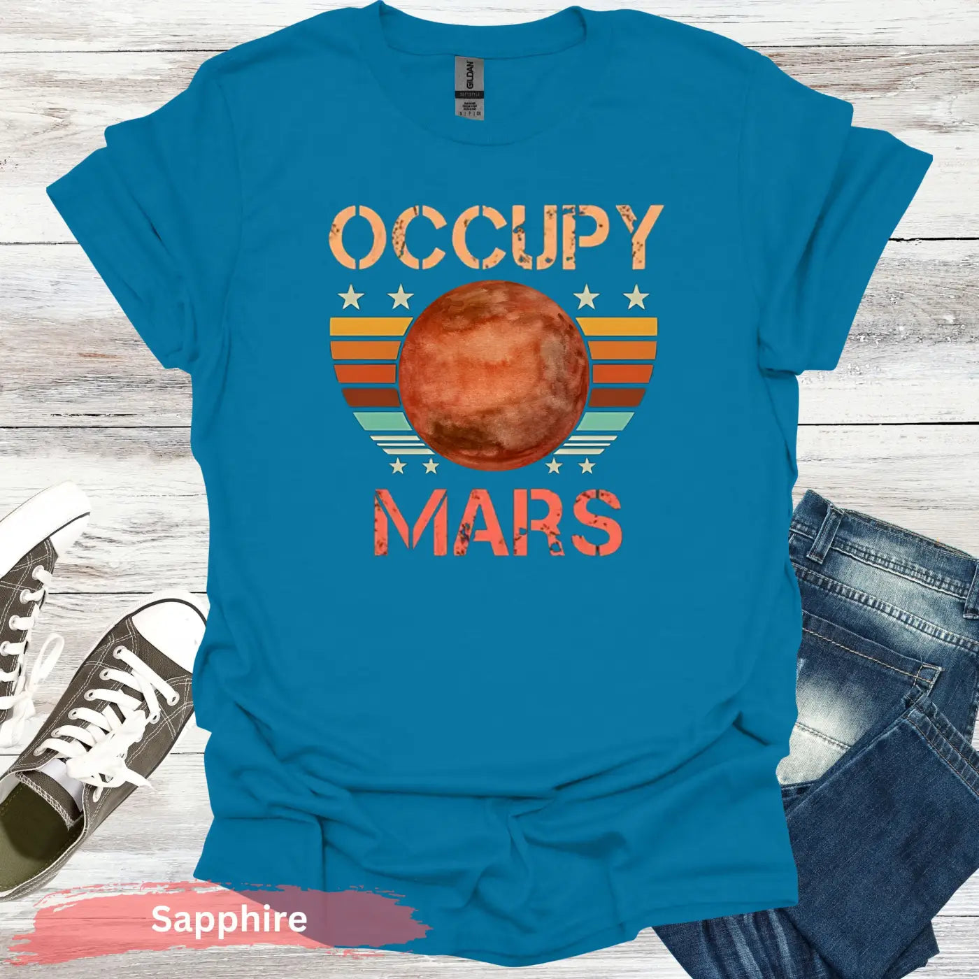 Occupy Mars in Retro Sunset T-shirt - S - Unisex / Sapphire - Physical Item