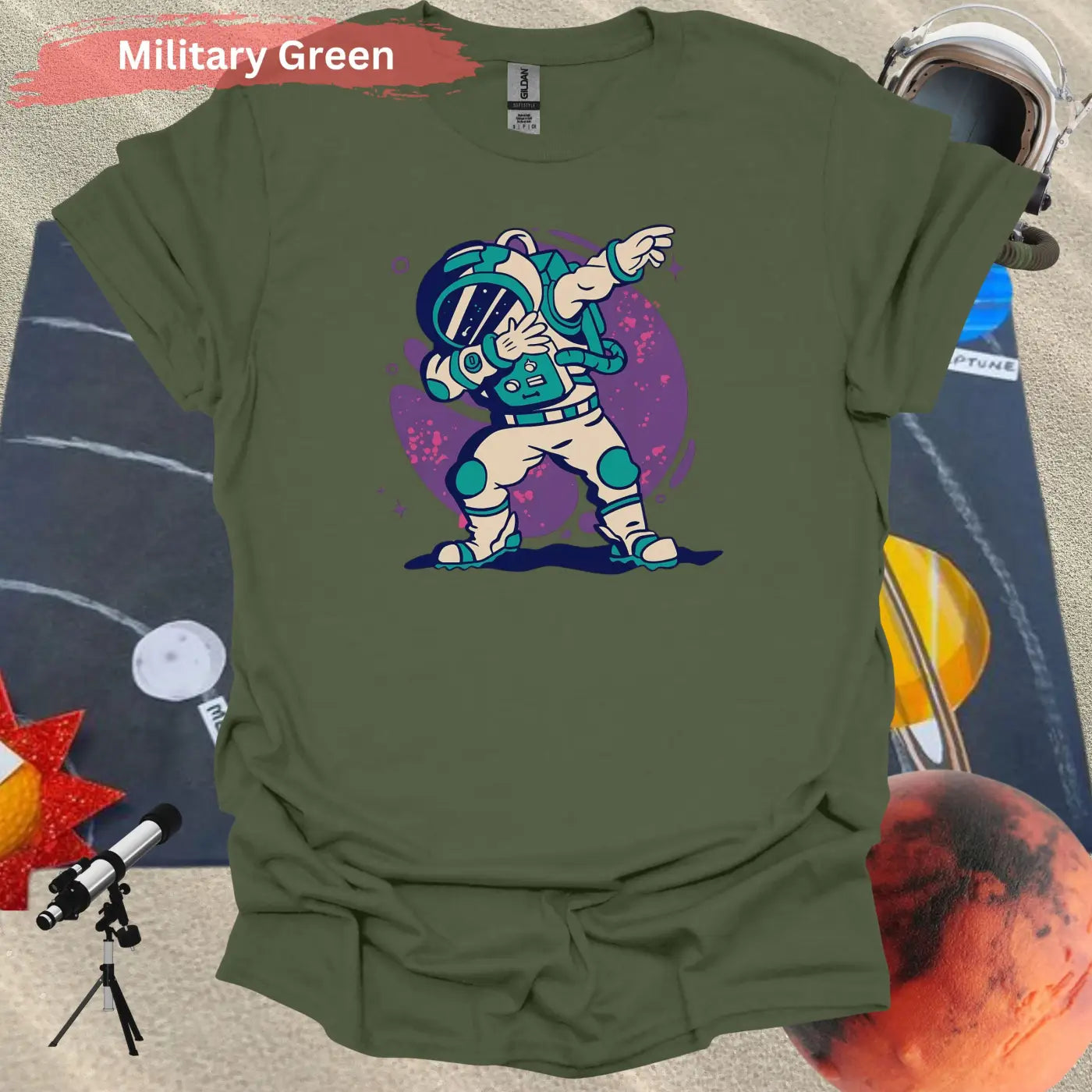 Out of This World Dab: Trendy Astronaut T-Shirt Design - S / Military Green - Physical Item