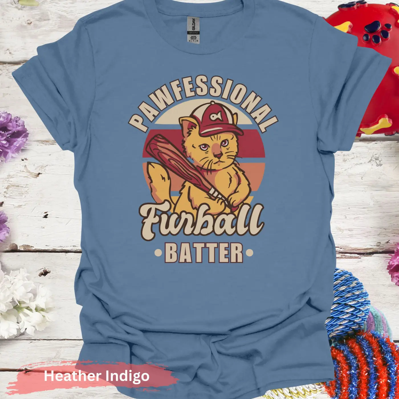 Pawfessional Furball Batter Cat T-shirt - S / Heather Indigo - Physical Item