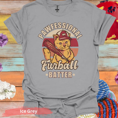 Pawfessional Furball Batter Cat T-shirt - S / Ice Grey - Physical Item