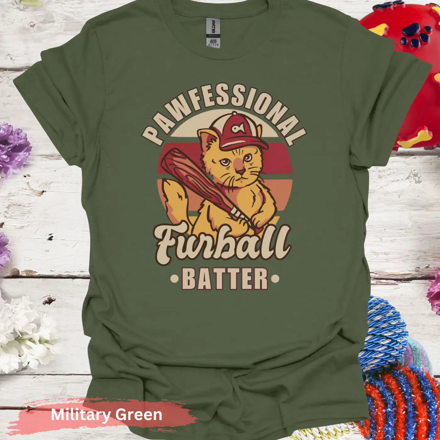 Pawfessional Furball Batter Cat T-shirt - S / Military Green - Physical Item