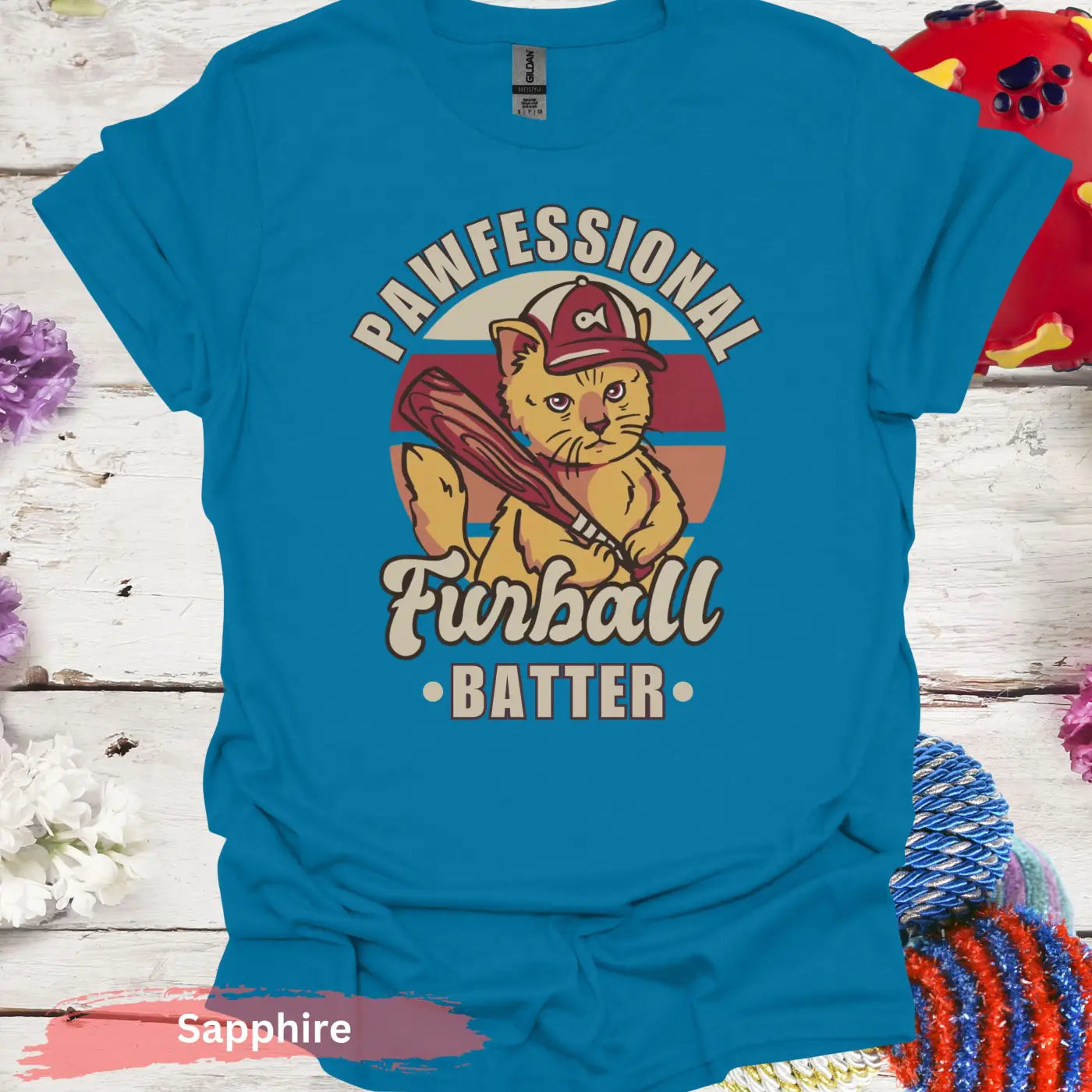 Pawfessional Furball Batter Cat T-shirt - S / Sapphire - Physical Item