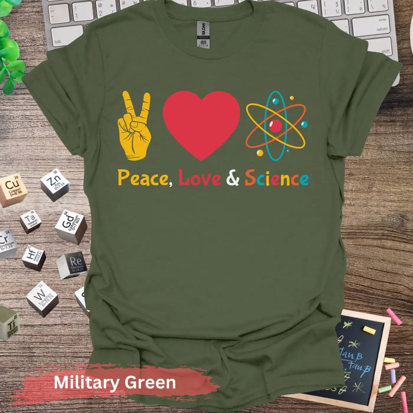 Peace Love and Science T-shirt - S / Military Green - Physical Item