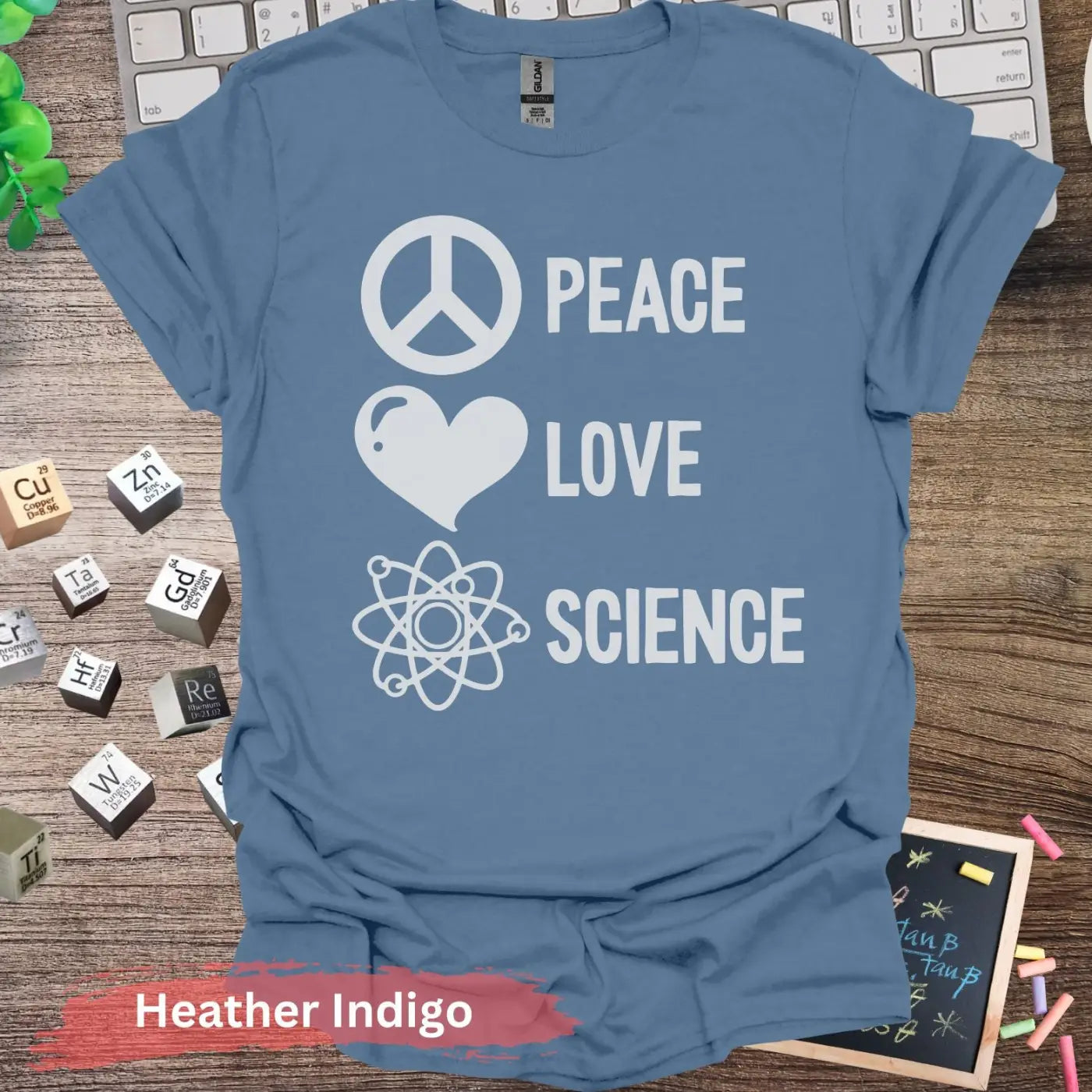 Peace Love Science T-Shirt - Heather Indigo / S - Physical Item