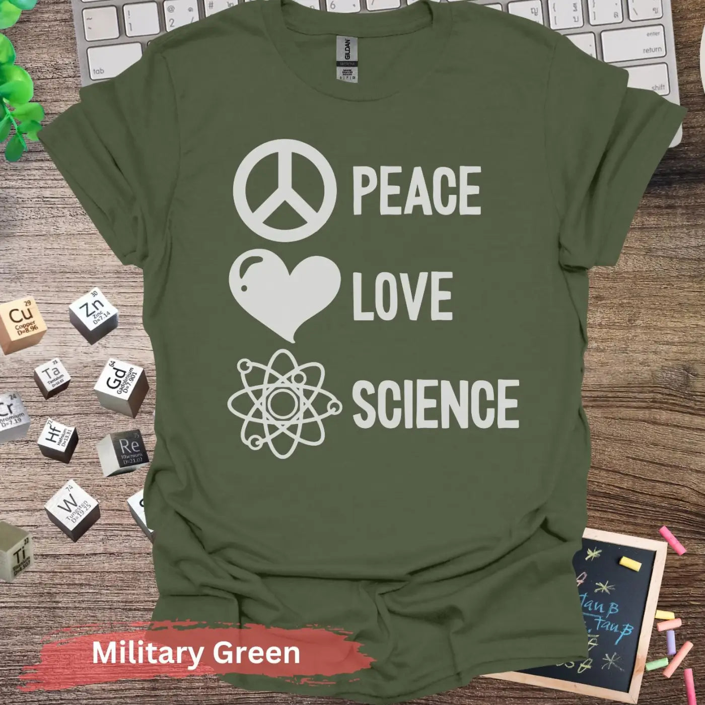 Peace Love Science T-Shirt - Military Green / S - Physical Item