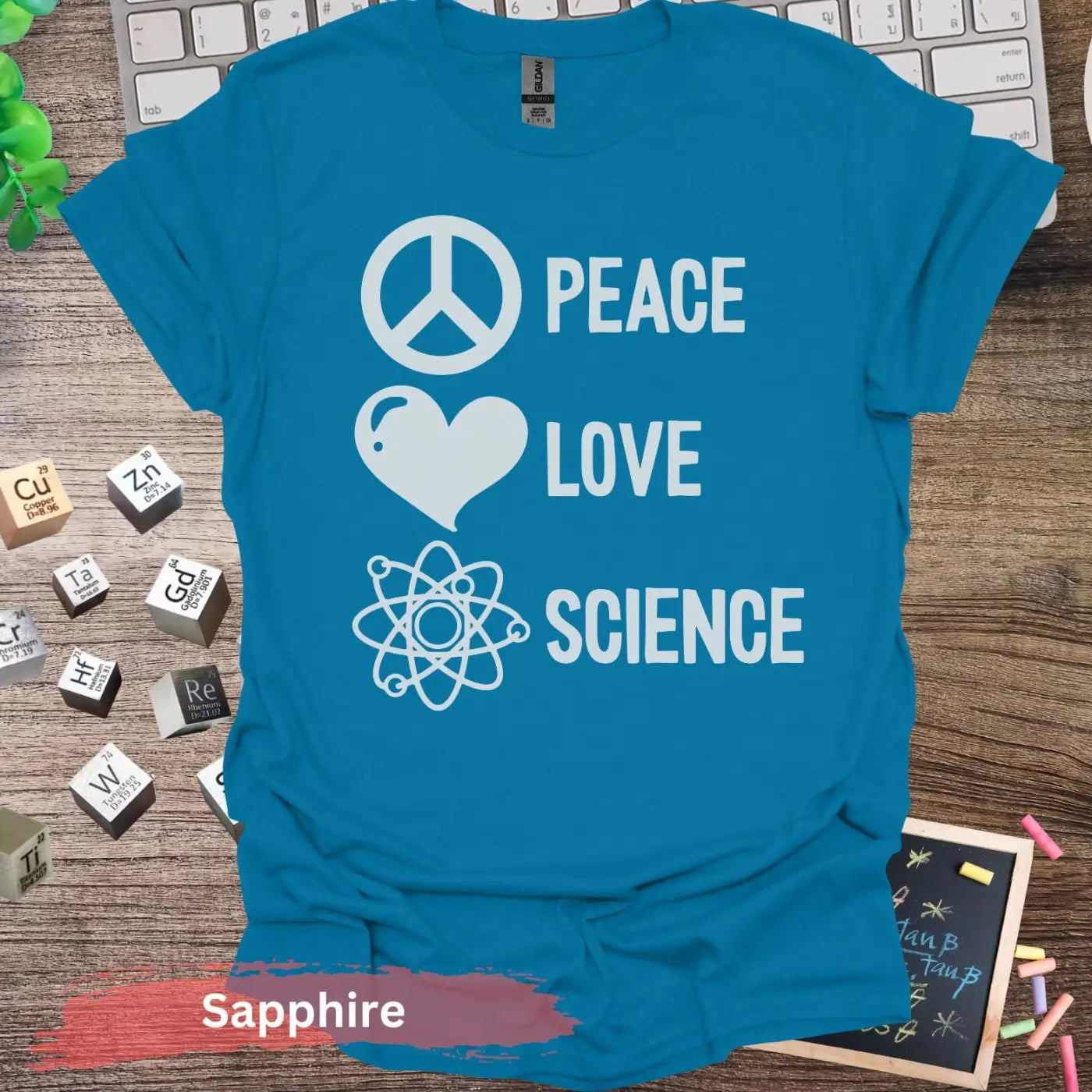 Peace Love Science T-Shirt - Sapphire / S - Physical Item