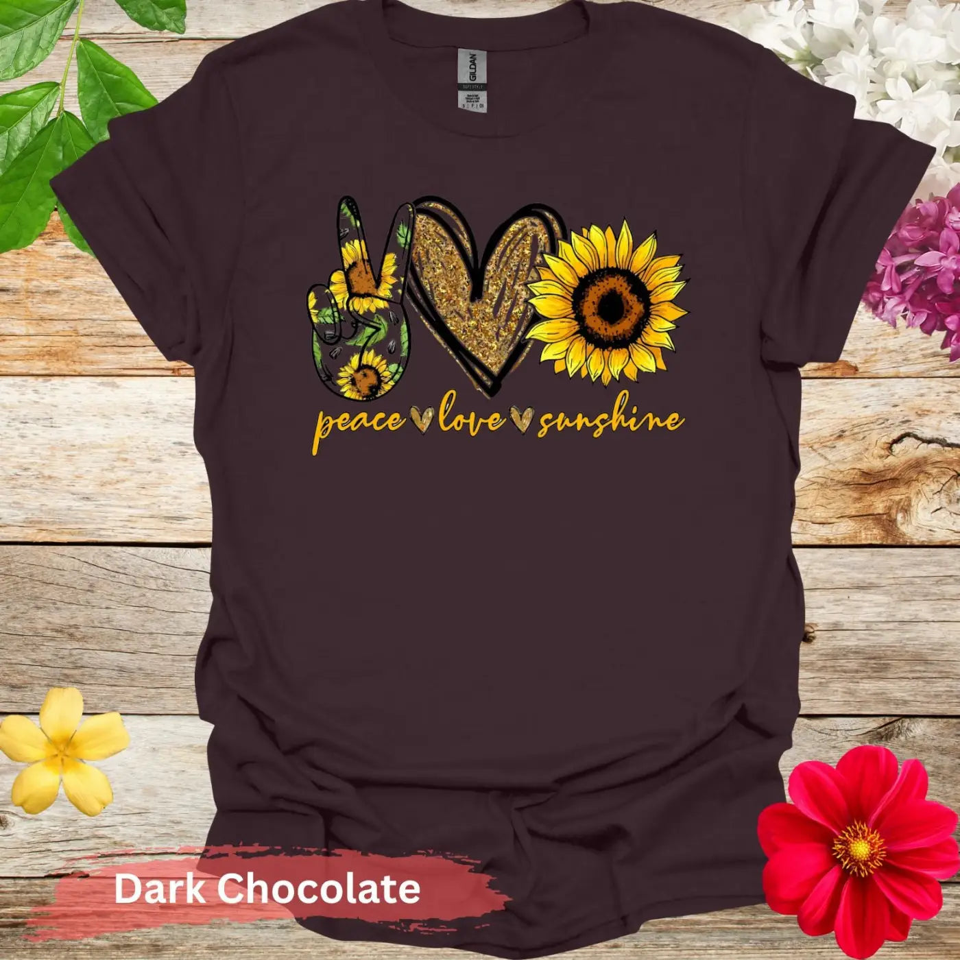 Peace Love Sunshine with Sunflowers T-Shirt - S / Dark Chocolate - Physical Item