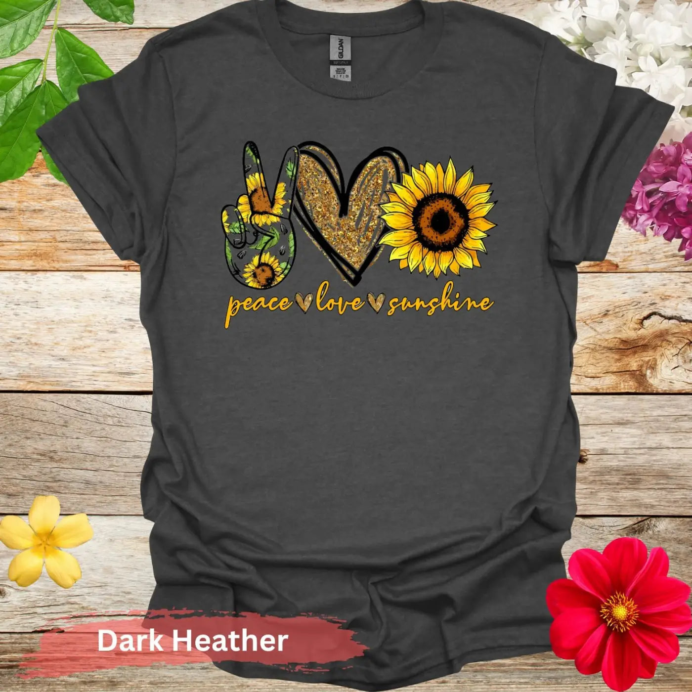 Peace Love Sunshine with Sunflowers T-Shirt - S / Dark Heather - Physical Item