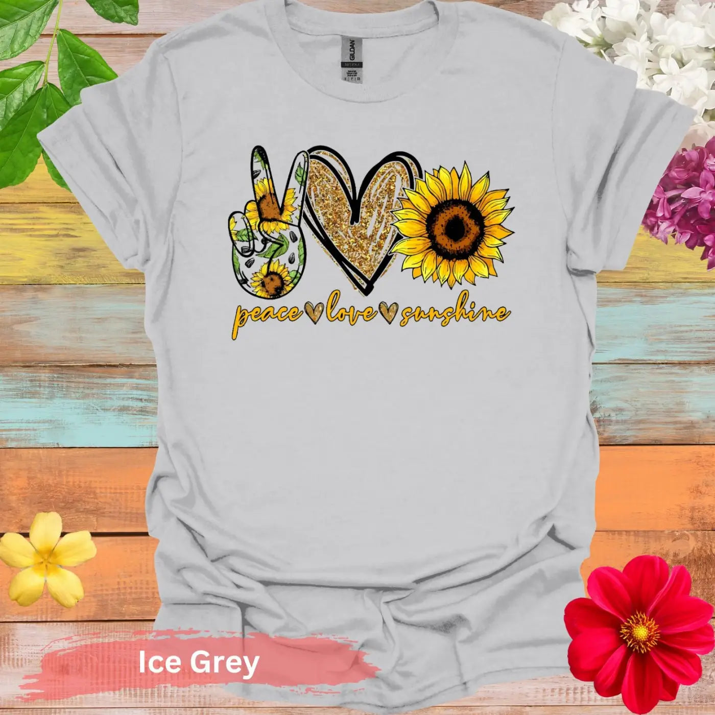 Peace Love Sunshine with Sunflowers T-Shirt - S / Ice Grey - Physical Item