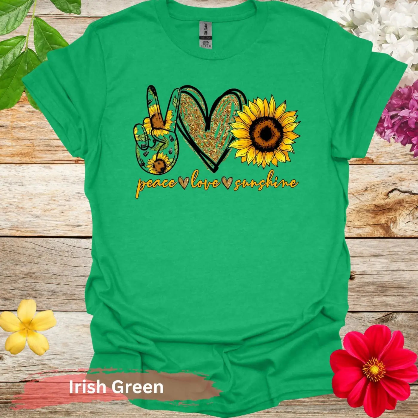 Peace Love Sunshine with Sunflowers T-Shirt - S / Irish Green - Physical Item