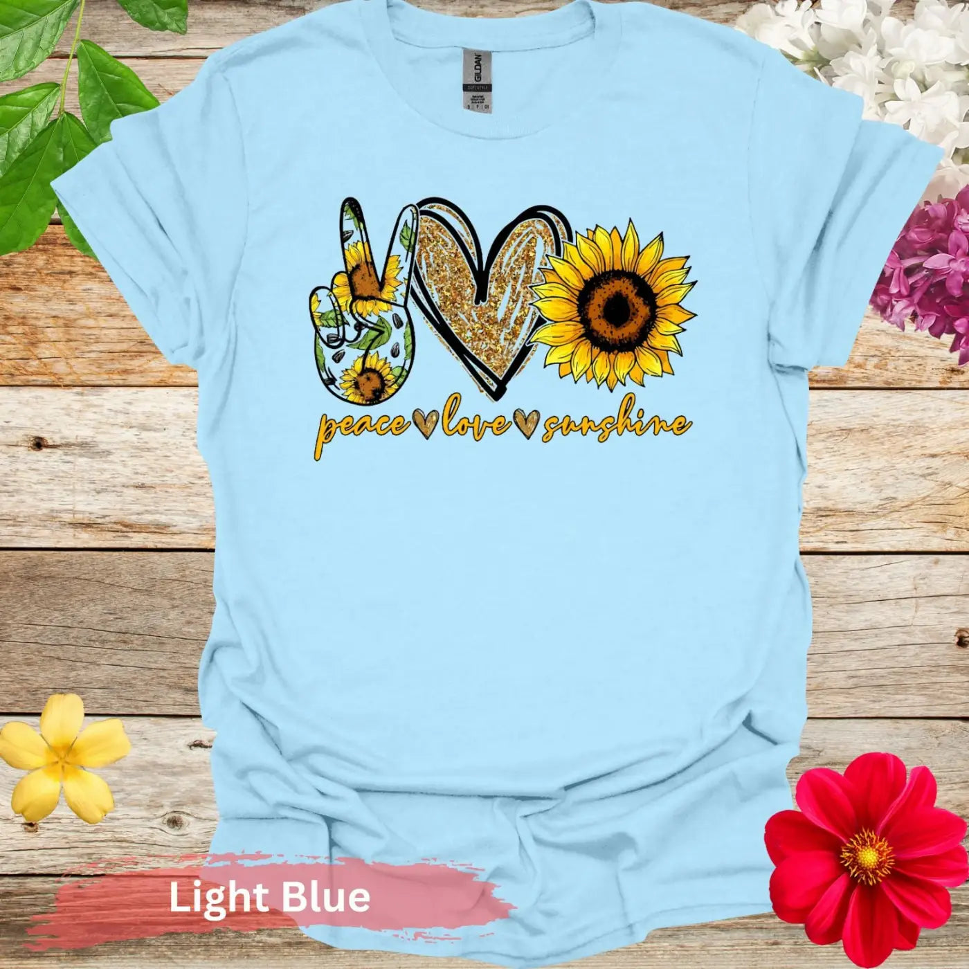 Peace Love Sunshine with Sunflowers T-Shirt - S / Light Blue - Physical Item