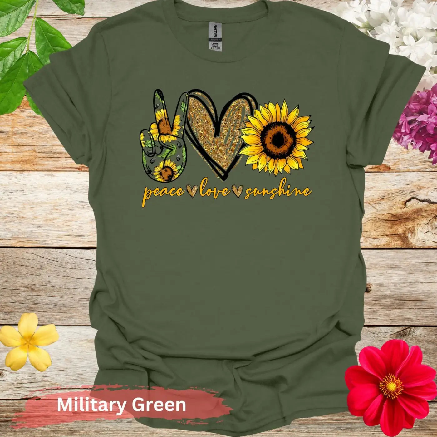 Peace Love Sunshine with Sunflowers T-Shirt - S / Military Green - Physical Item