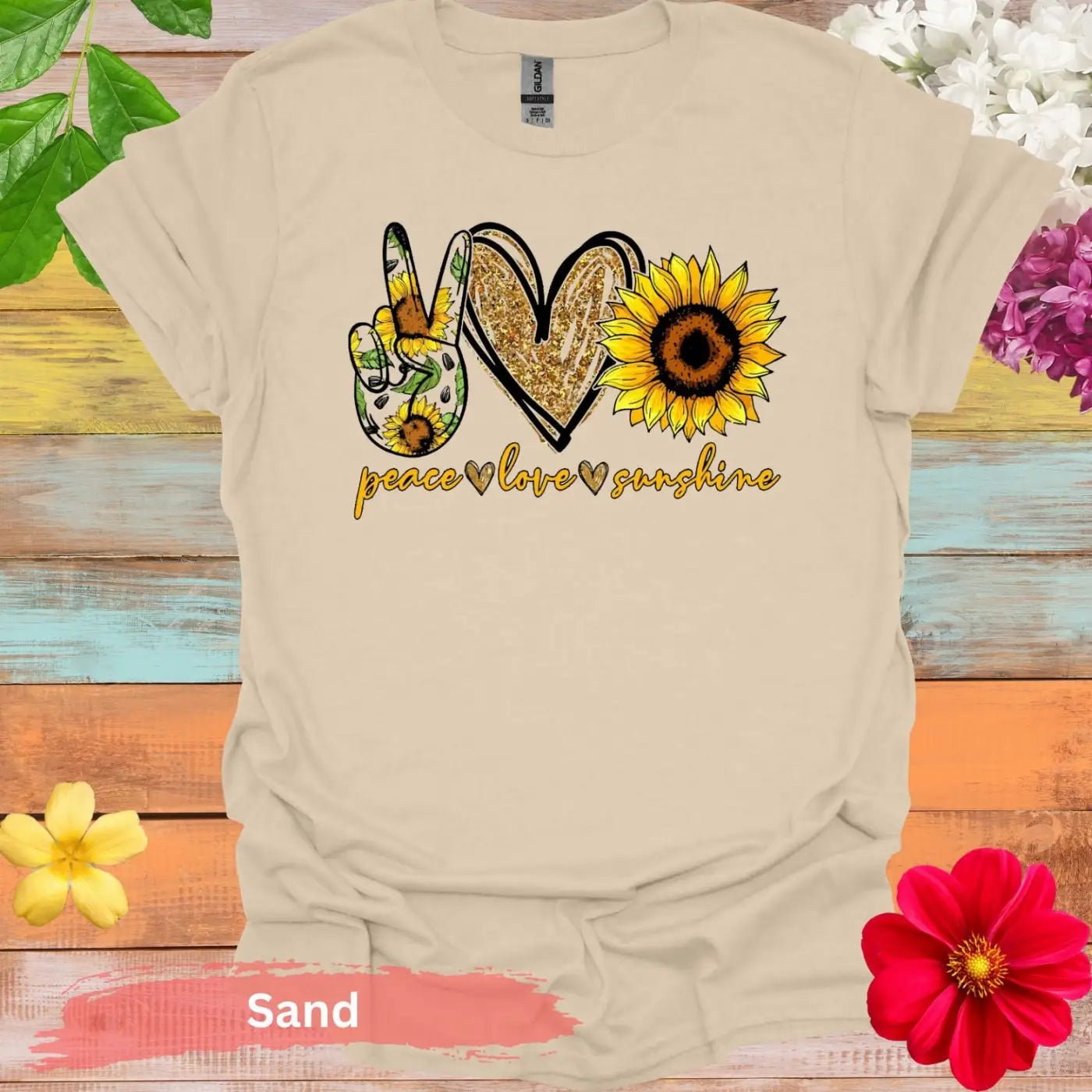 Peace Love Sunshine with Sunflowers T-Shirt - S / Sand - Physical Item