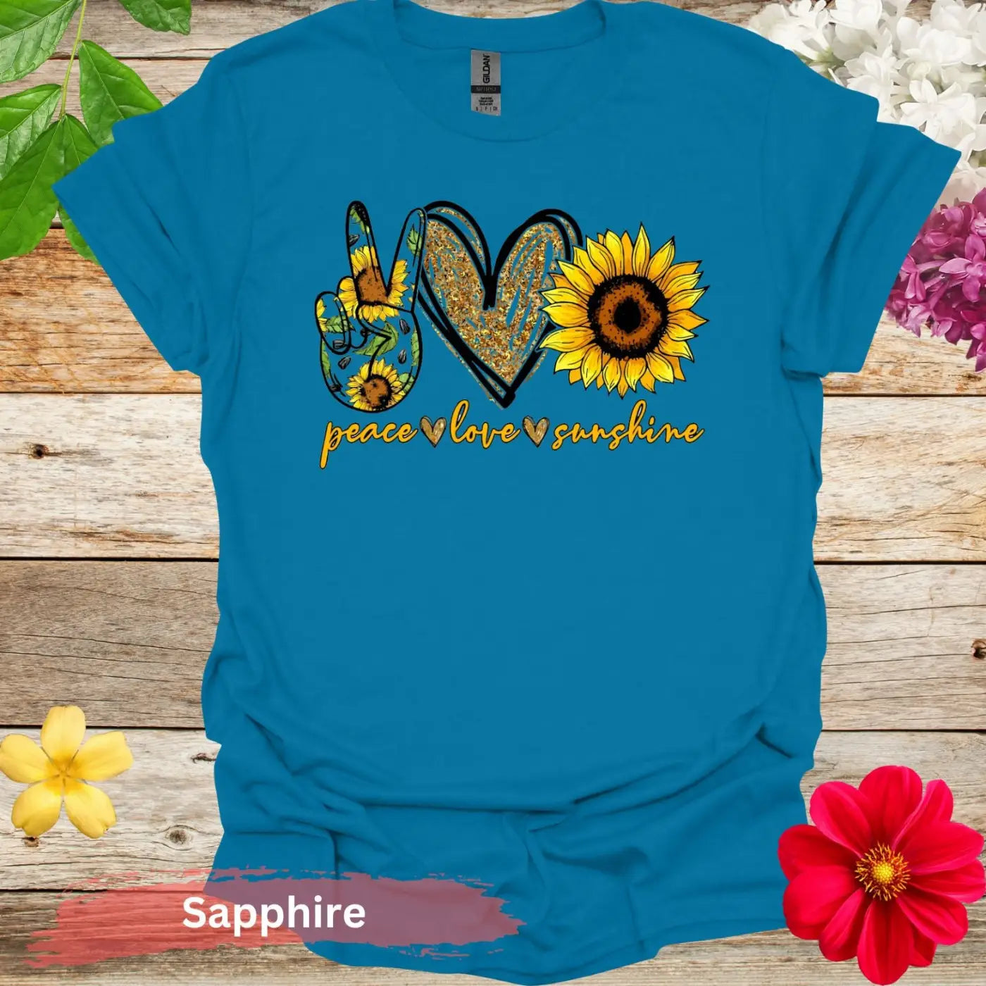 Peace Love Sunshine with Sunflowers T-Shirt - S / Sapphire - Physical Item