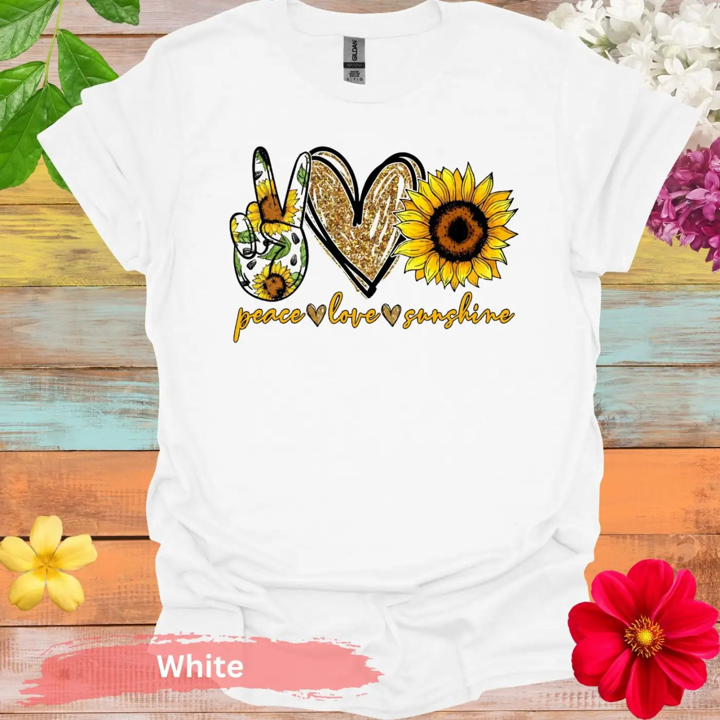 Peace Love Sunshine with Sunflowers T-Shirt - S / White - Physical Item