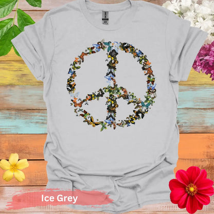 Peace Sign with Butterflies Graphic T-Shirt - S / Ice Grey - Physical Item