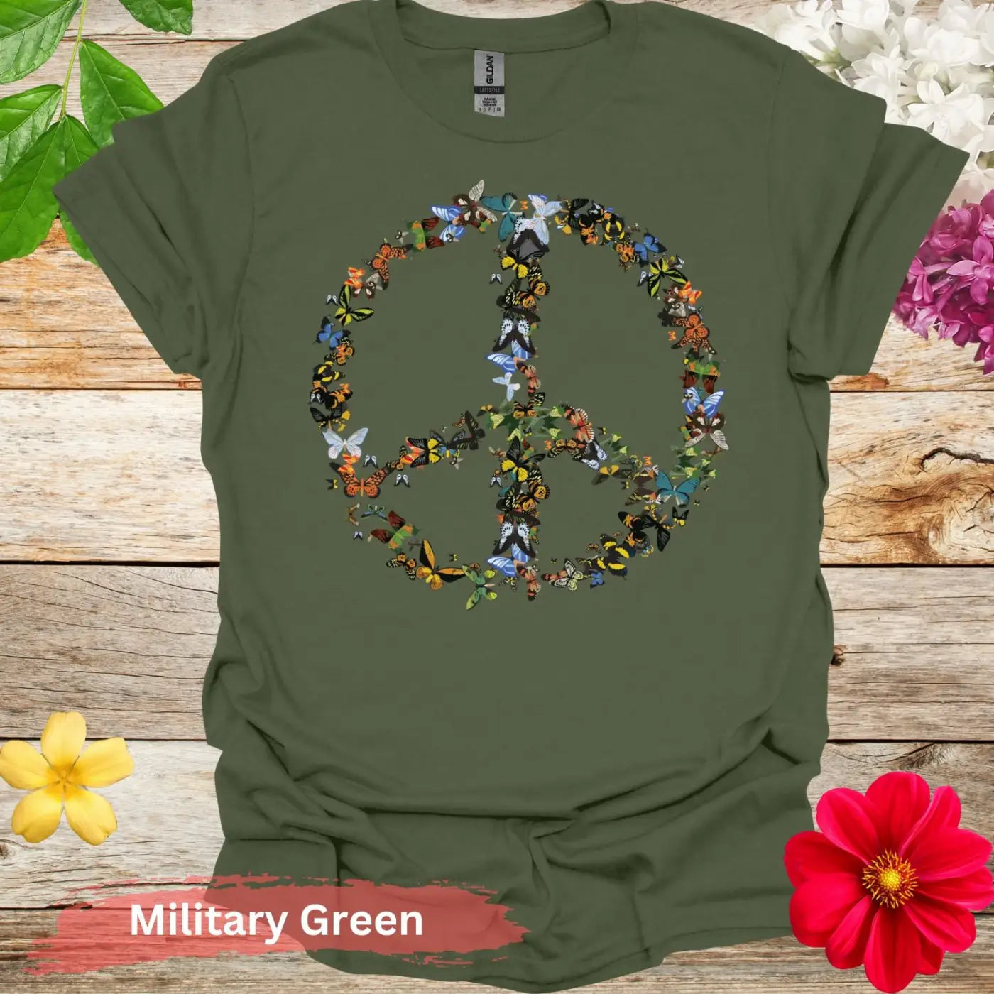 Peace Sign with Butterflies Graphic T-Shirt - S / Military Green - Physical Item