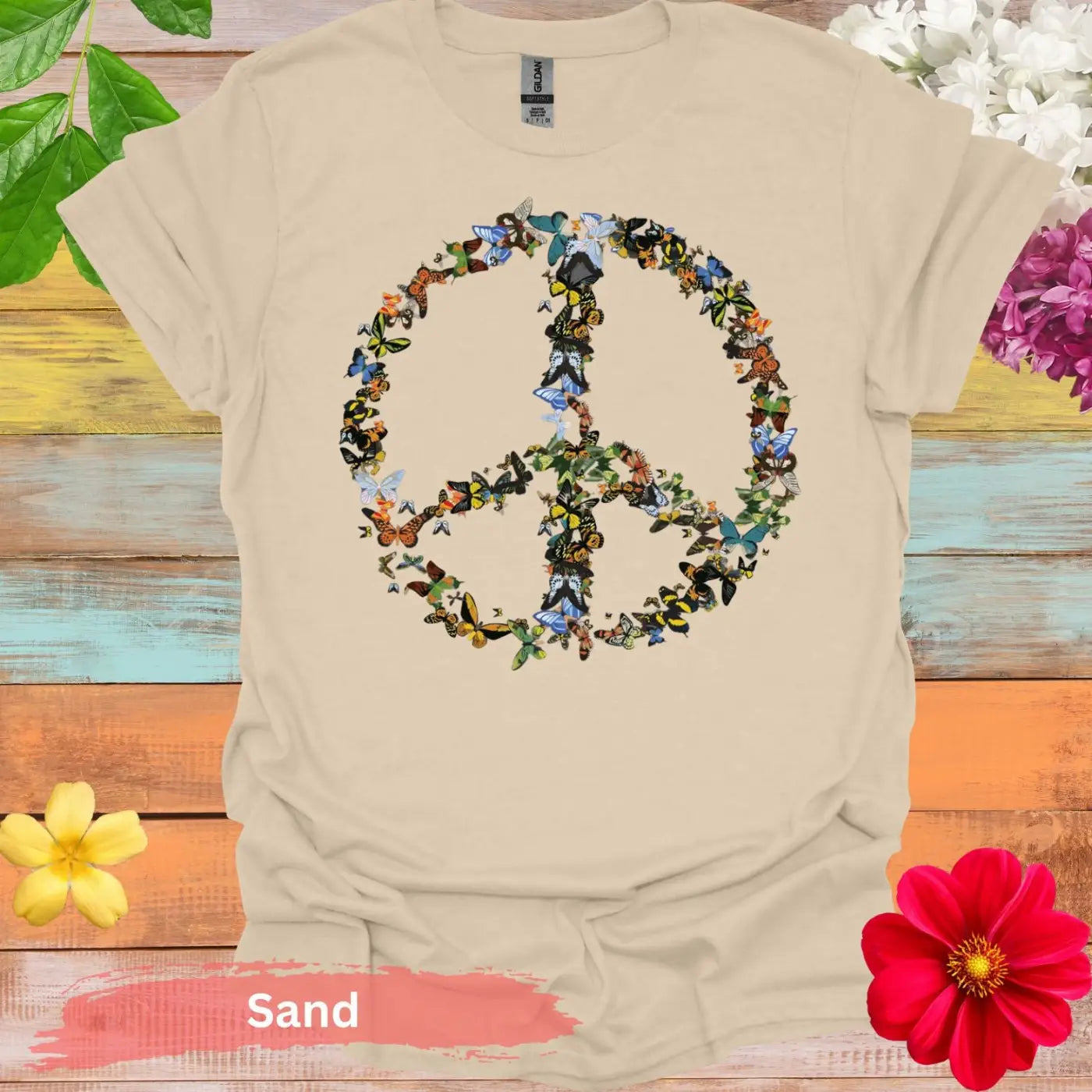 Peace Sign with Butterflies Graphic T-Shirt - S / Sand - Physical Item