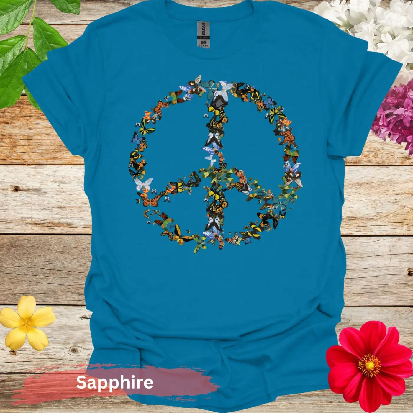 Peace Sign with Butterflies Graphic T-Shirt - S / Sapphire - Physical Item