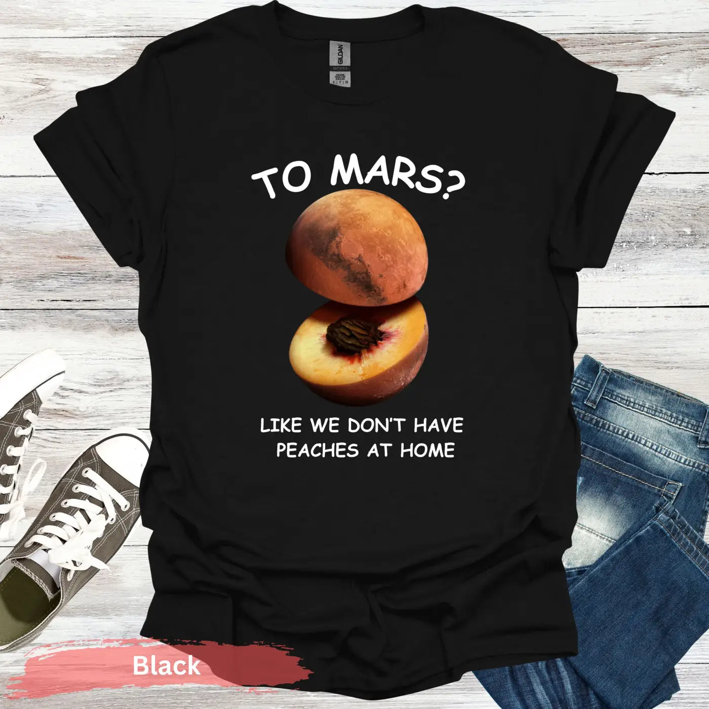 Peach and Planet Mars T-shirt - S / Black - Physical Item