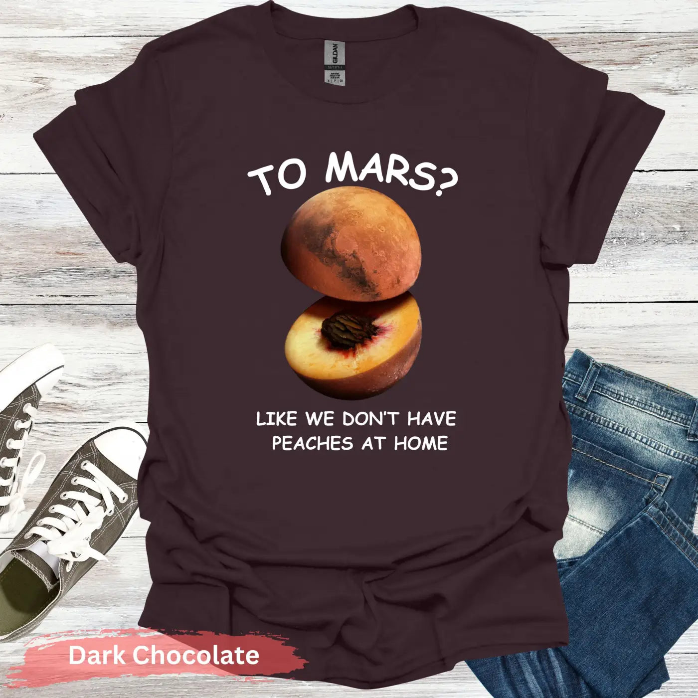 Peach and Planet Mars T-shirt - S / Dark Chocolate - Physical Item