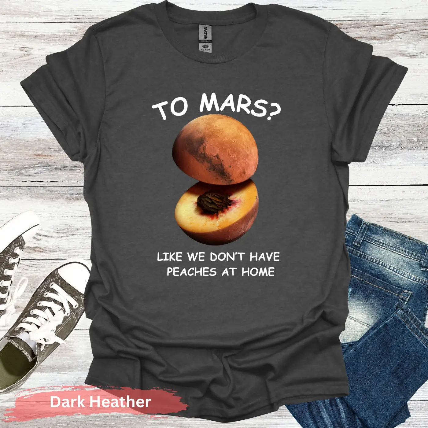 Peach and Planet Mars T-shirt - S / Dark Heather - Physical Item