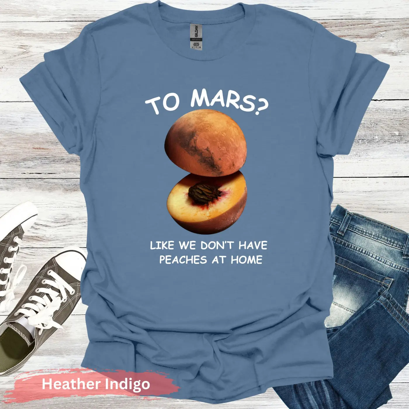 Peach and Planet Mars T-shirt - S / Heather Indigo - Physical Item